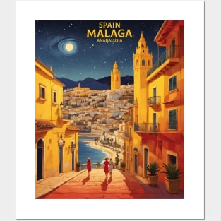 Malaga Spain Starry Night Travel Tourism Retro Vintage Posters and Art